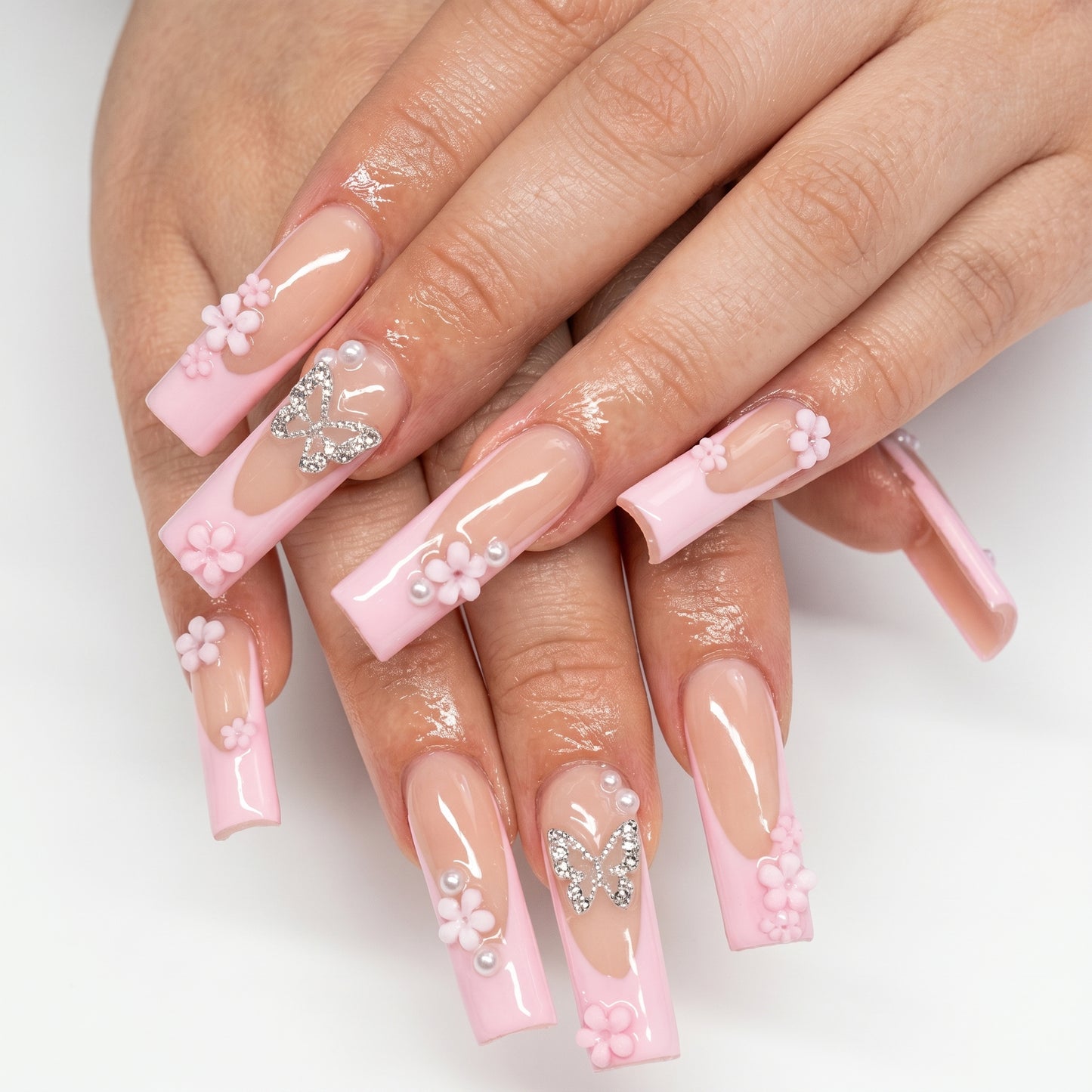 Pink Butterfly Coffin Nails