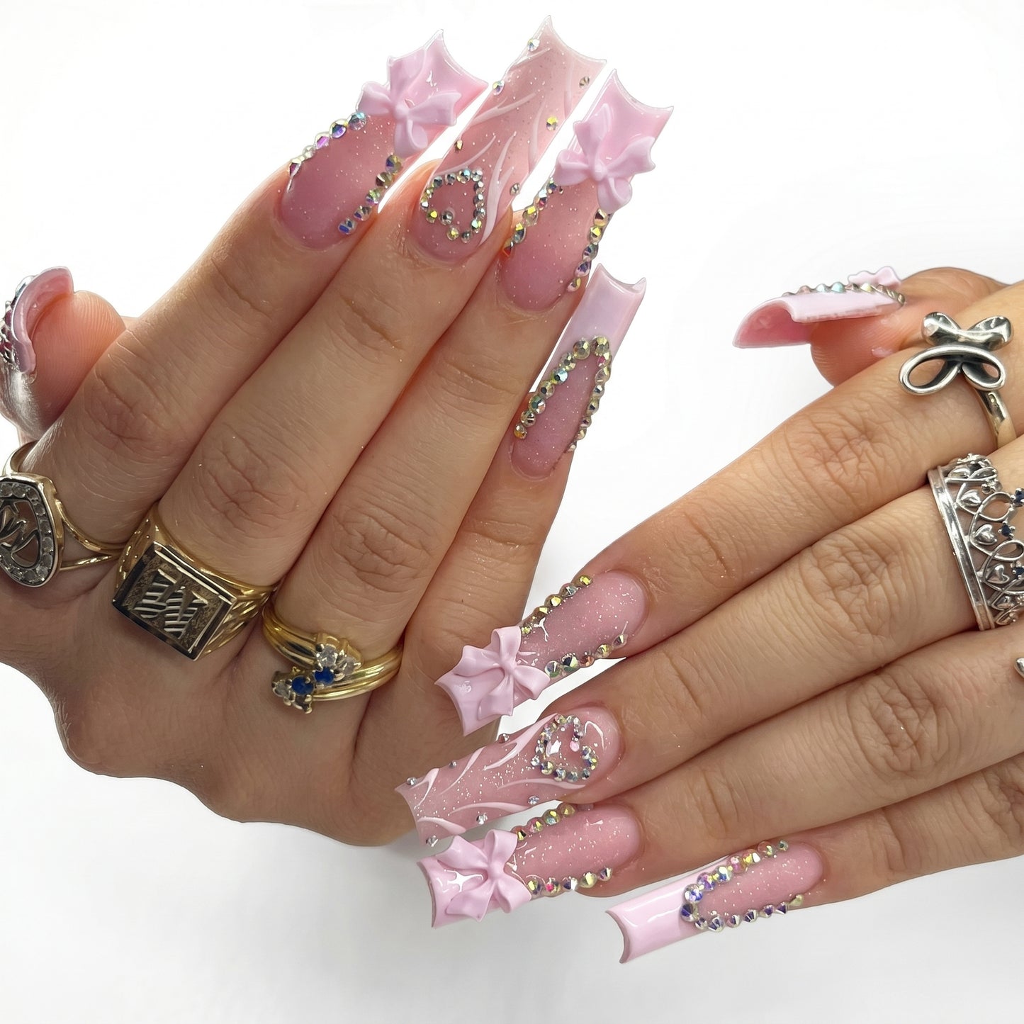 Pink Bow Rhinestone Nails
