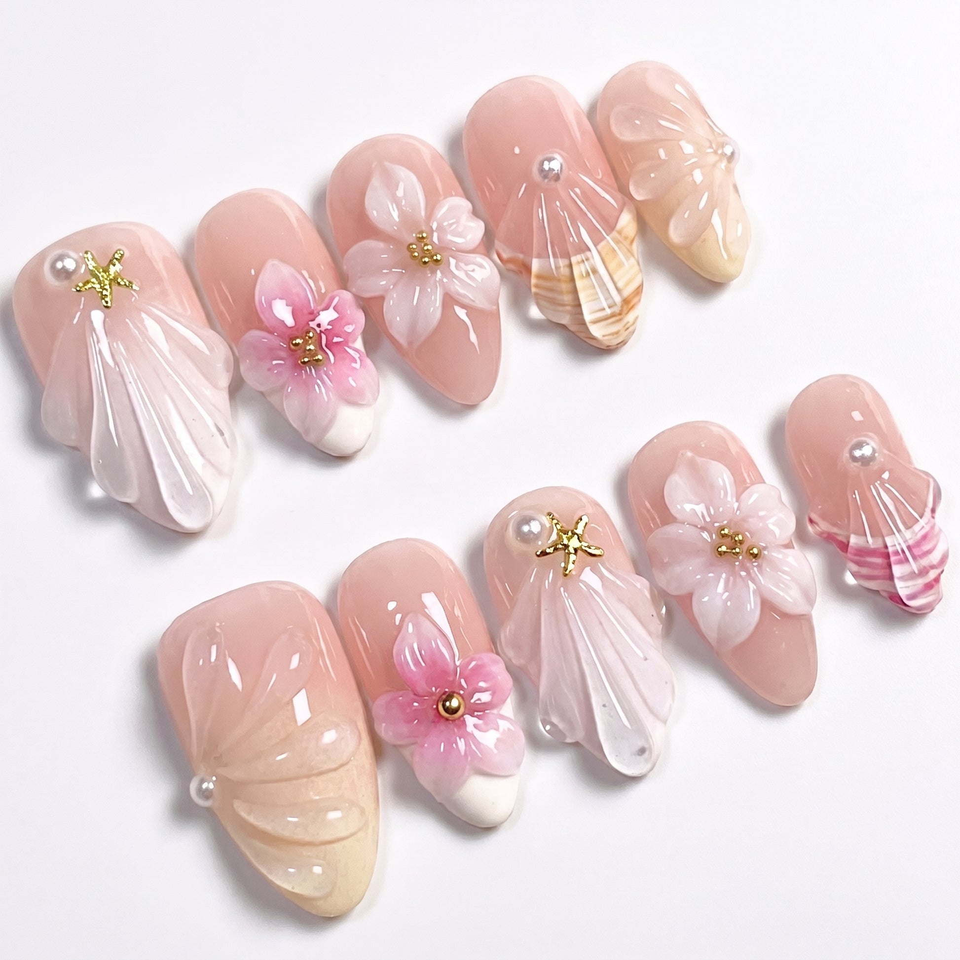 Cream Shell Blossom press-on nails full set layout