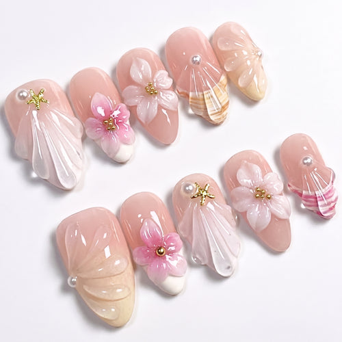 Cream Shell Blossom press-on nails full set layout