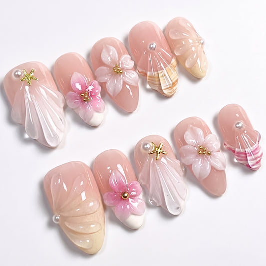 Cream Shell Blossom press-on nails full set layout