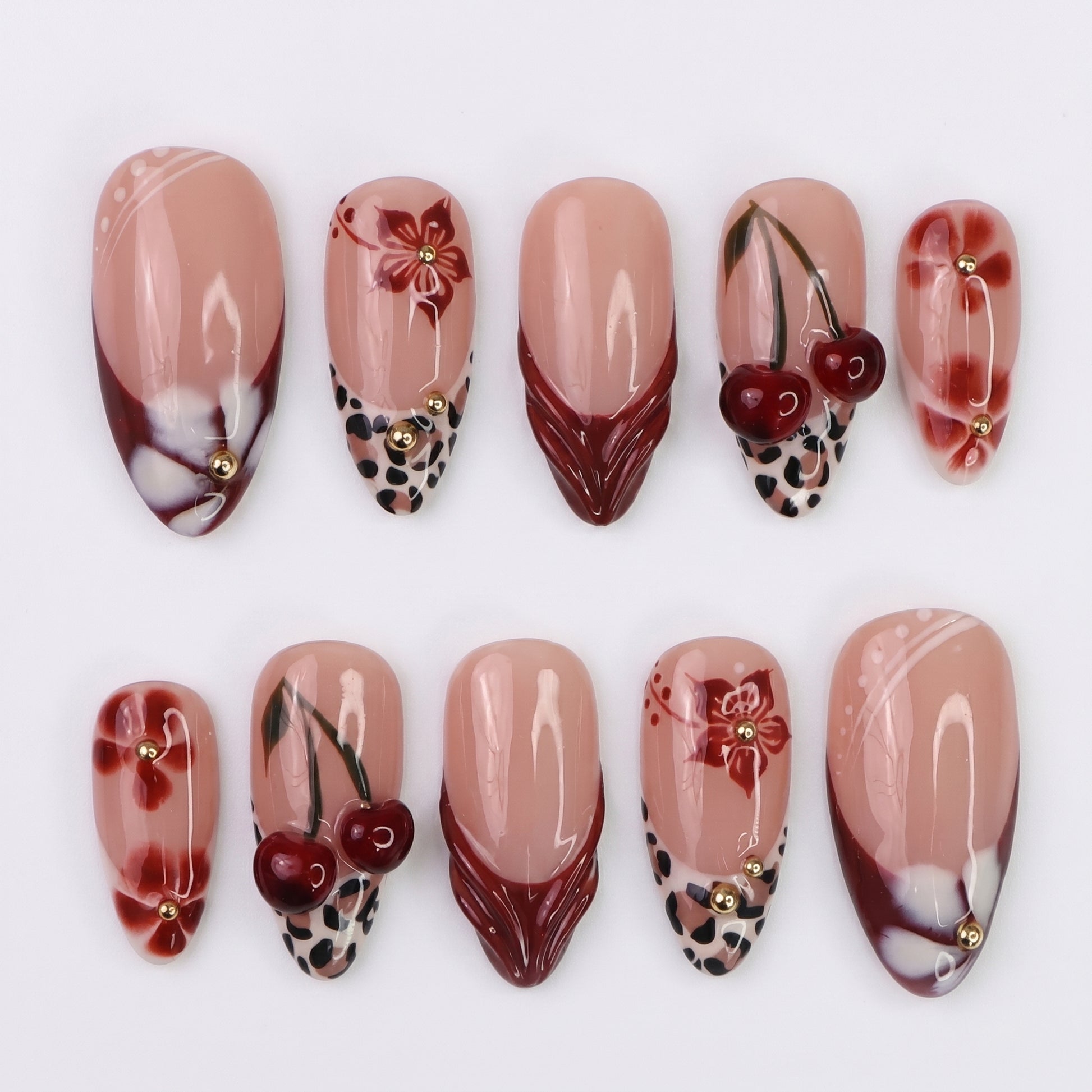 Cherry Leopard press-on nails full set layout
