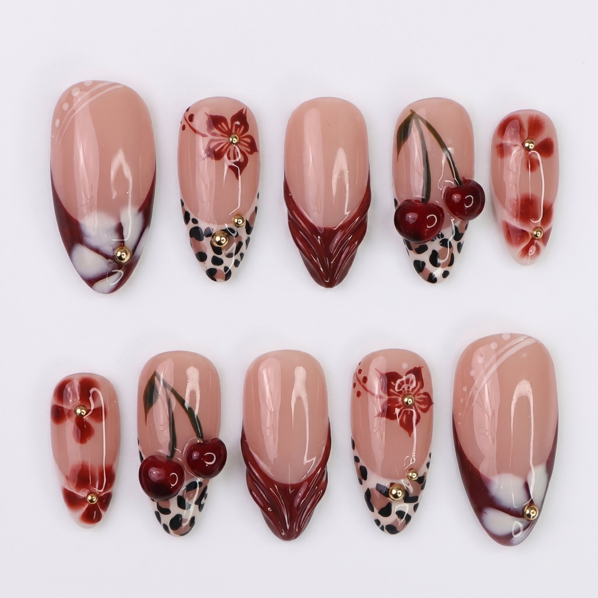Cherry Leopard press-on nails full set layout