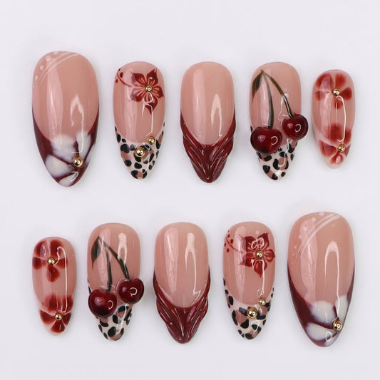 Cherry Leopard press-on nails full set layout
