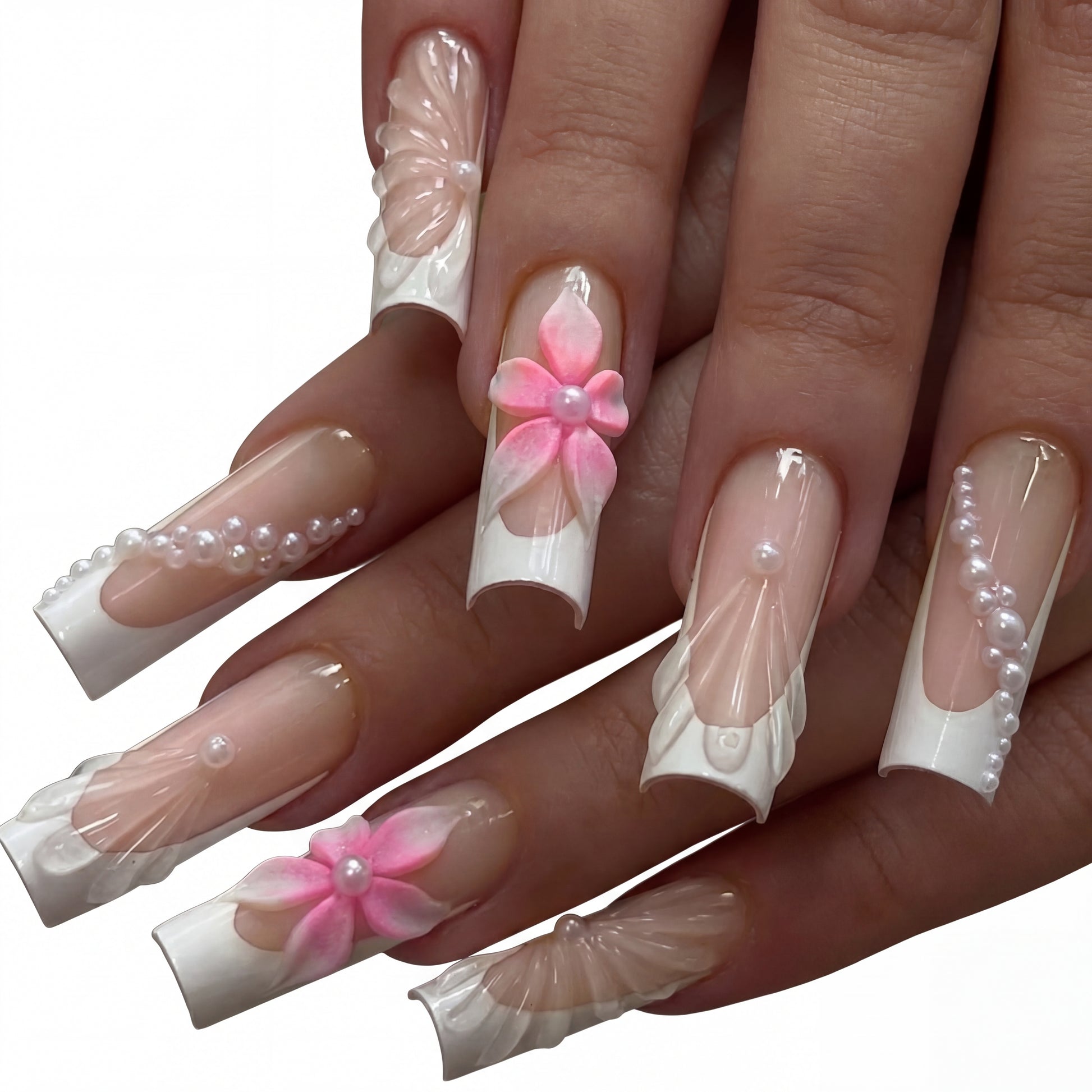 Pearl Petal French press-on nails on hand