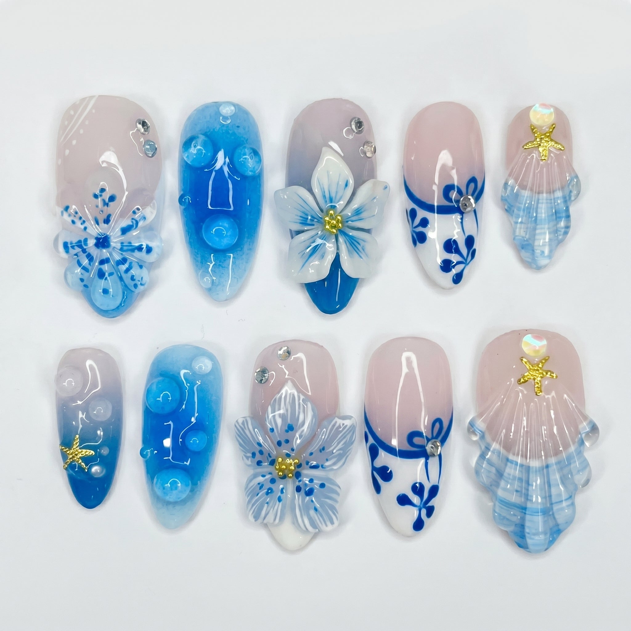 Blue Porcelain press-on nails full set layout