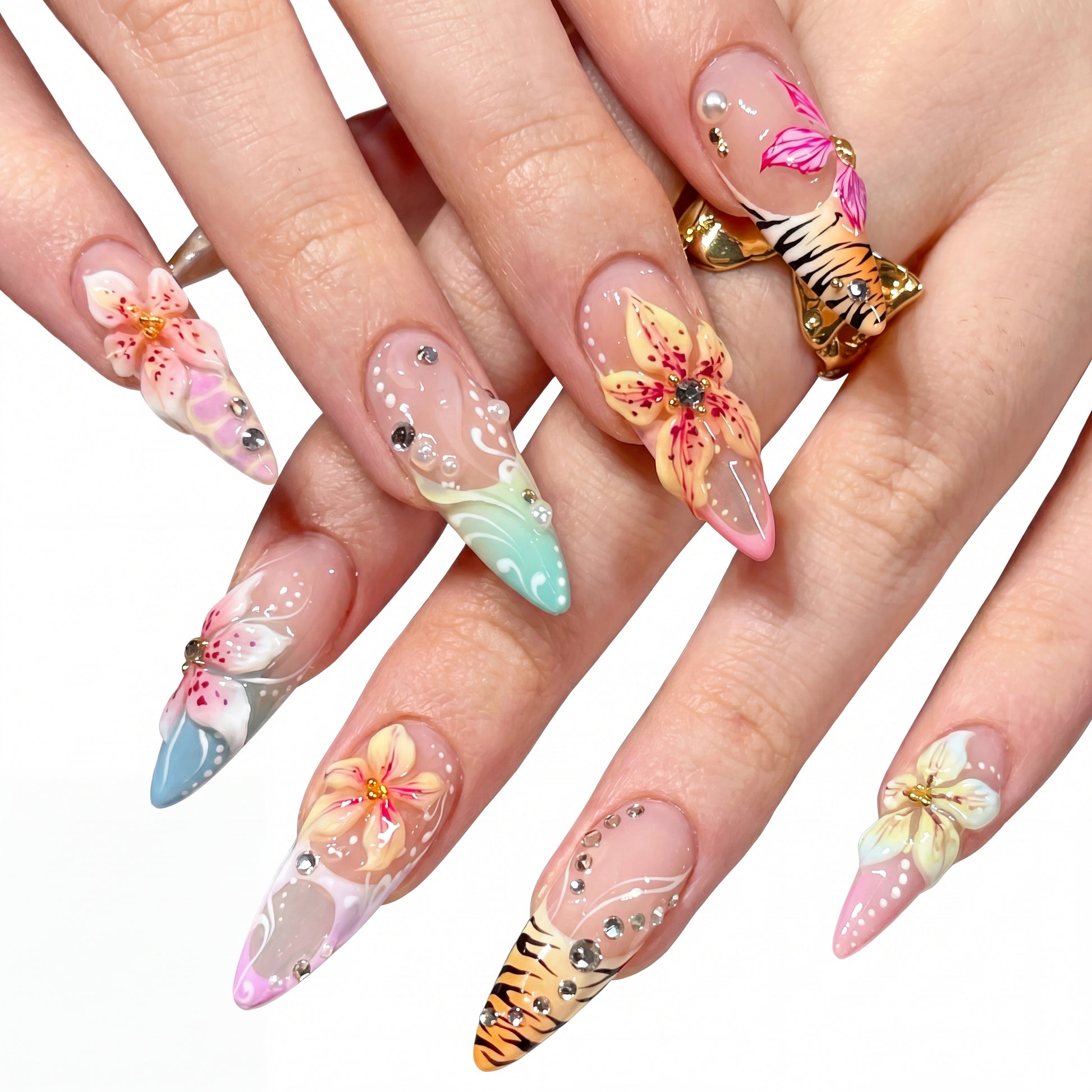 Tiger Lily Mix press-on nails on hand