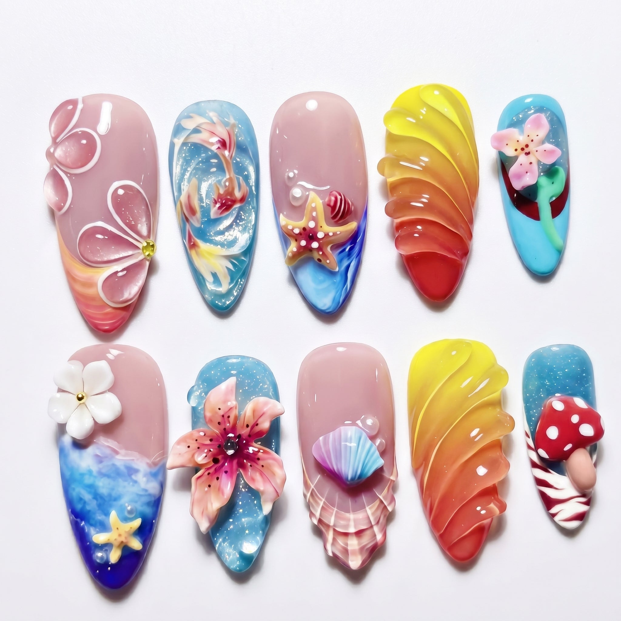 Tropical Beach press-on nails full set layout