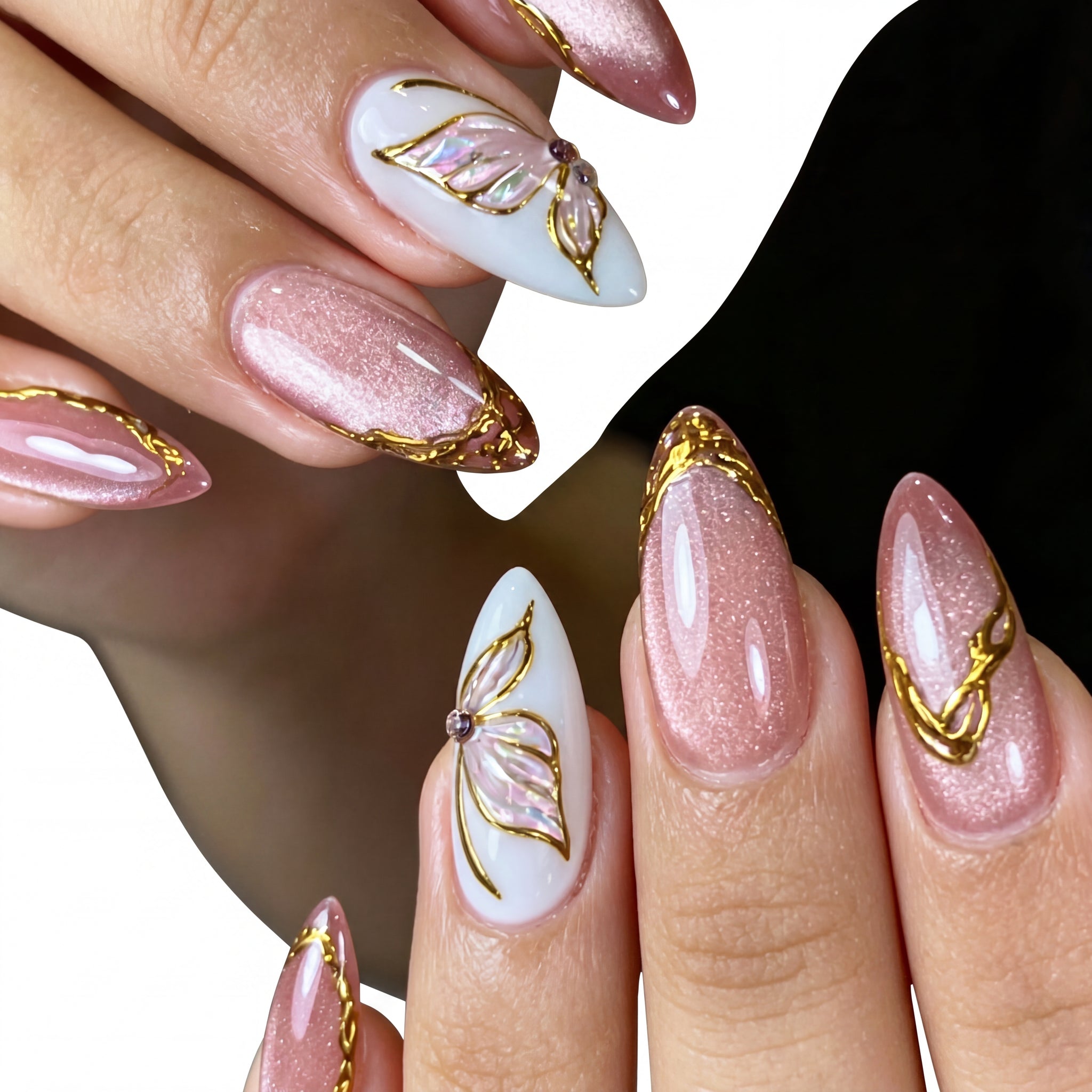 Chrome Butterfly press-on nails on hand