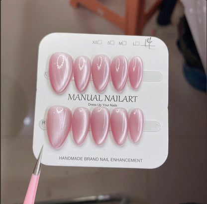 Pink Satin — Handmade Baby Pink Cat-Eye Press-On Nails