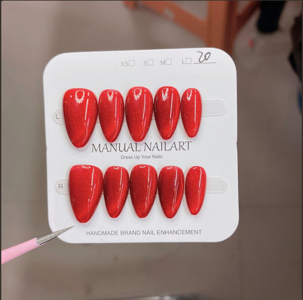 Scarlet Silk — Handmade Red Cat-Eye Press-On Nails