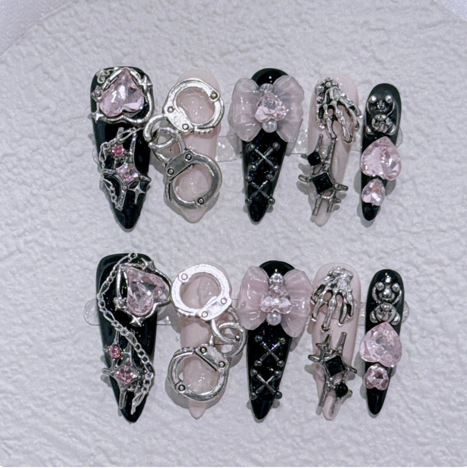 Rebel Romance — Handmade Black & Pink Charm Press-On Nails