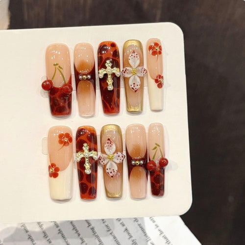 Cherry Relic — Handmade Vintage Cherry & Gold Cross Press-On Nails