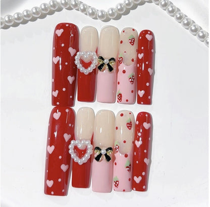 Berry Crush — Handmade Red Heart & Strawberry Press-On Nails