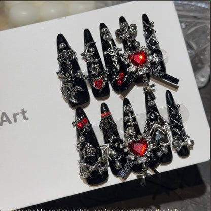 Dark Crown — Handmade Black & Silver Charm Press-On Nails