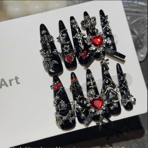 Dark Crown — Handmade Black & Silver Charm Press-On Nails