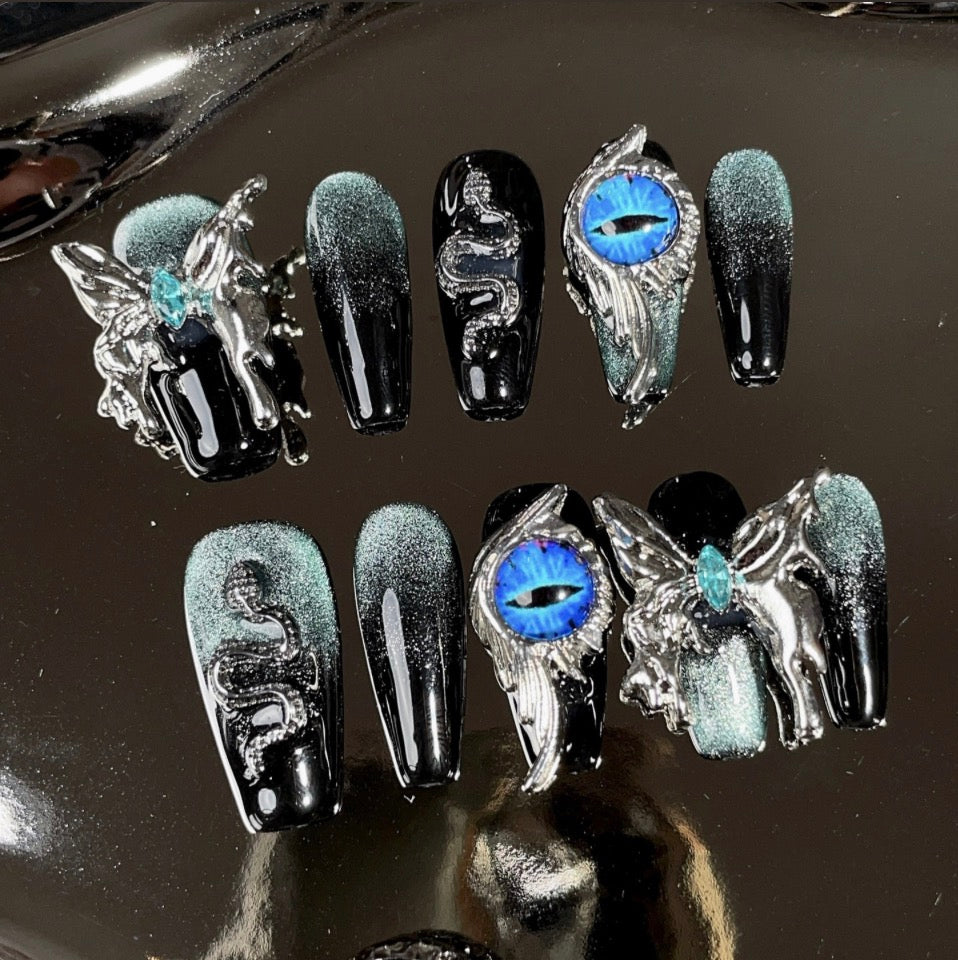Blue Omen — Handmade Black Cat-Eye Charm Press-On Nails