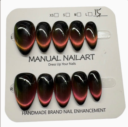 Ember Eye — Handmade Black & Red Cat-Eye Press-On Nails