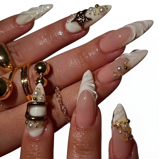 White Butterfly — 3D Flower & Gold Charm Press-On Nails