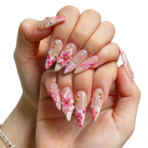 Pink Plaid Petals — Floral & Plaid Stiletto Press-On Nails