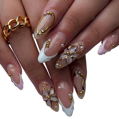 Gilded Petal French — White & Pink Gold Pearl Press-On Nails