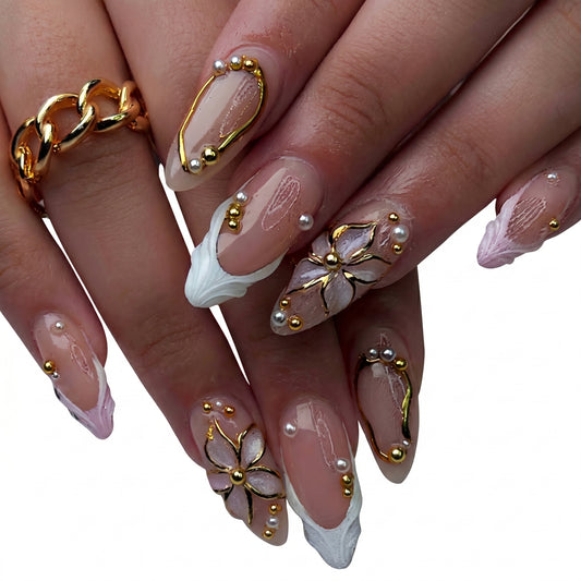 Gilded Petal French — White & Pink Gold Pearl Press-On Nails