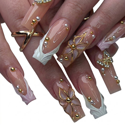 Lavender Gold French — Long Pearl Press-On Nails