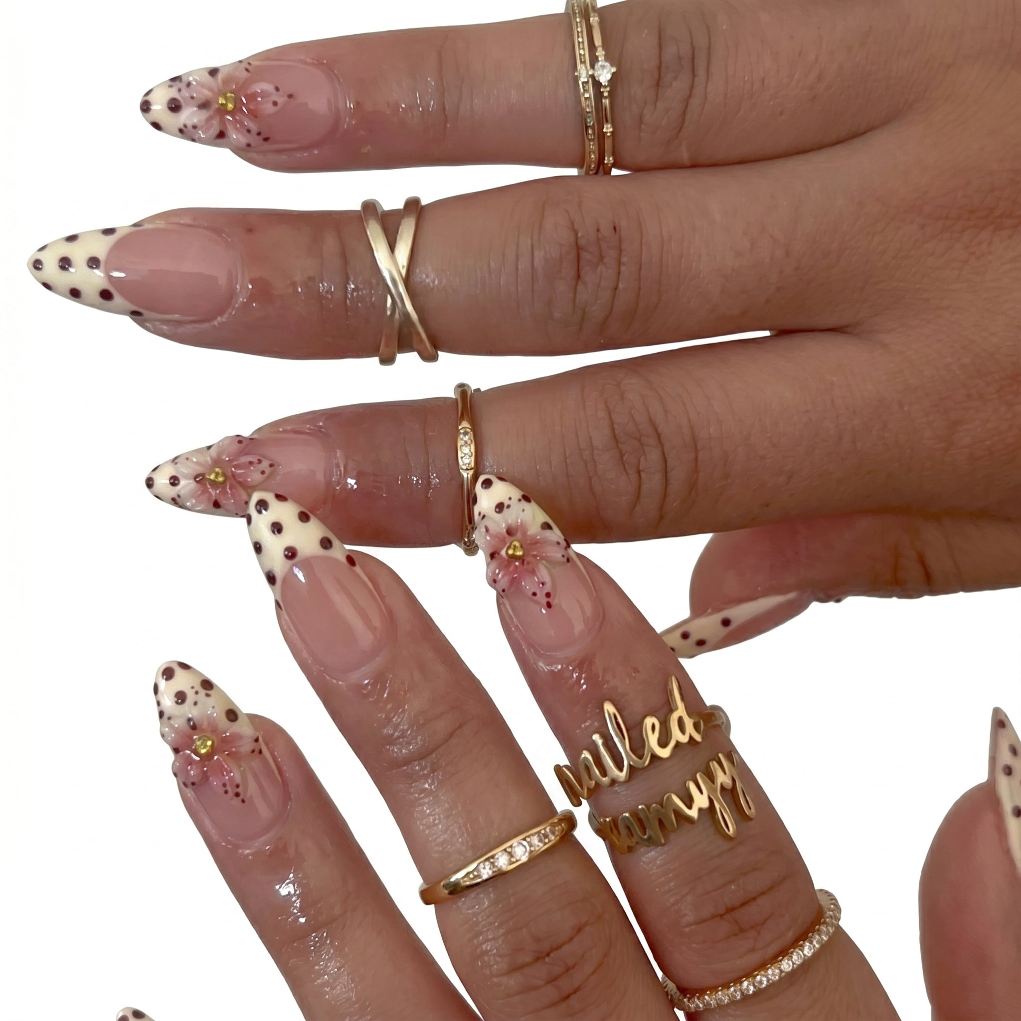 Brown Dot — Polka & Gold Long Almond Press-On Nails