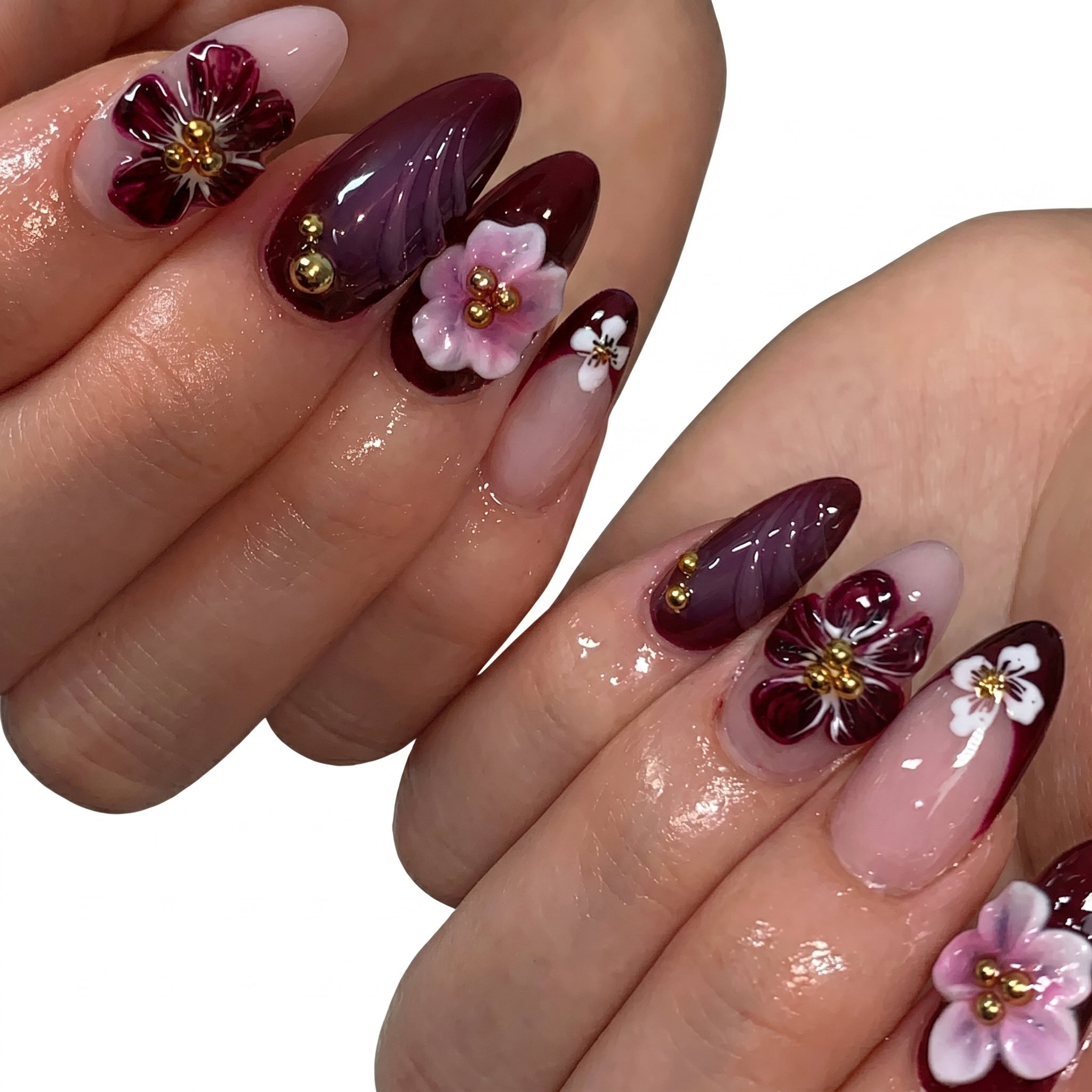 Plum Blossom — Burgundy & Purple Flower Press-On Nails