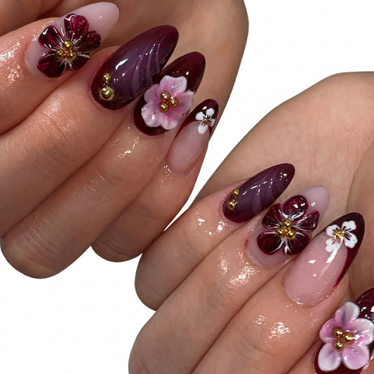Plum Blossom — Burgundy & Purple Flower Press-On Nails