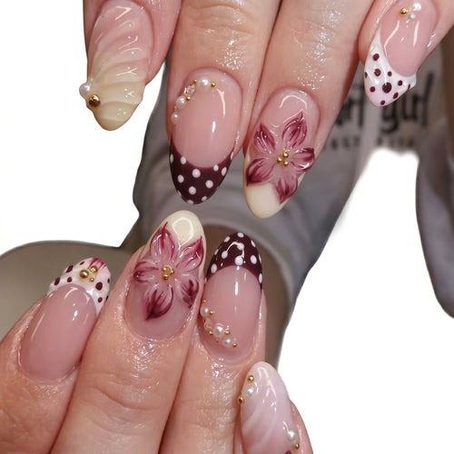 Burgundy Bloom — Polka Dot & Flower Almond Press-On Nails