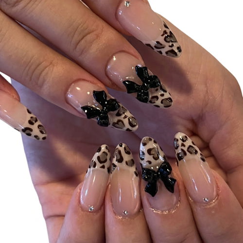 Leopard Bow — Animal Print French & Black Bow Press-On Nails