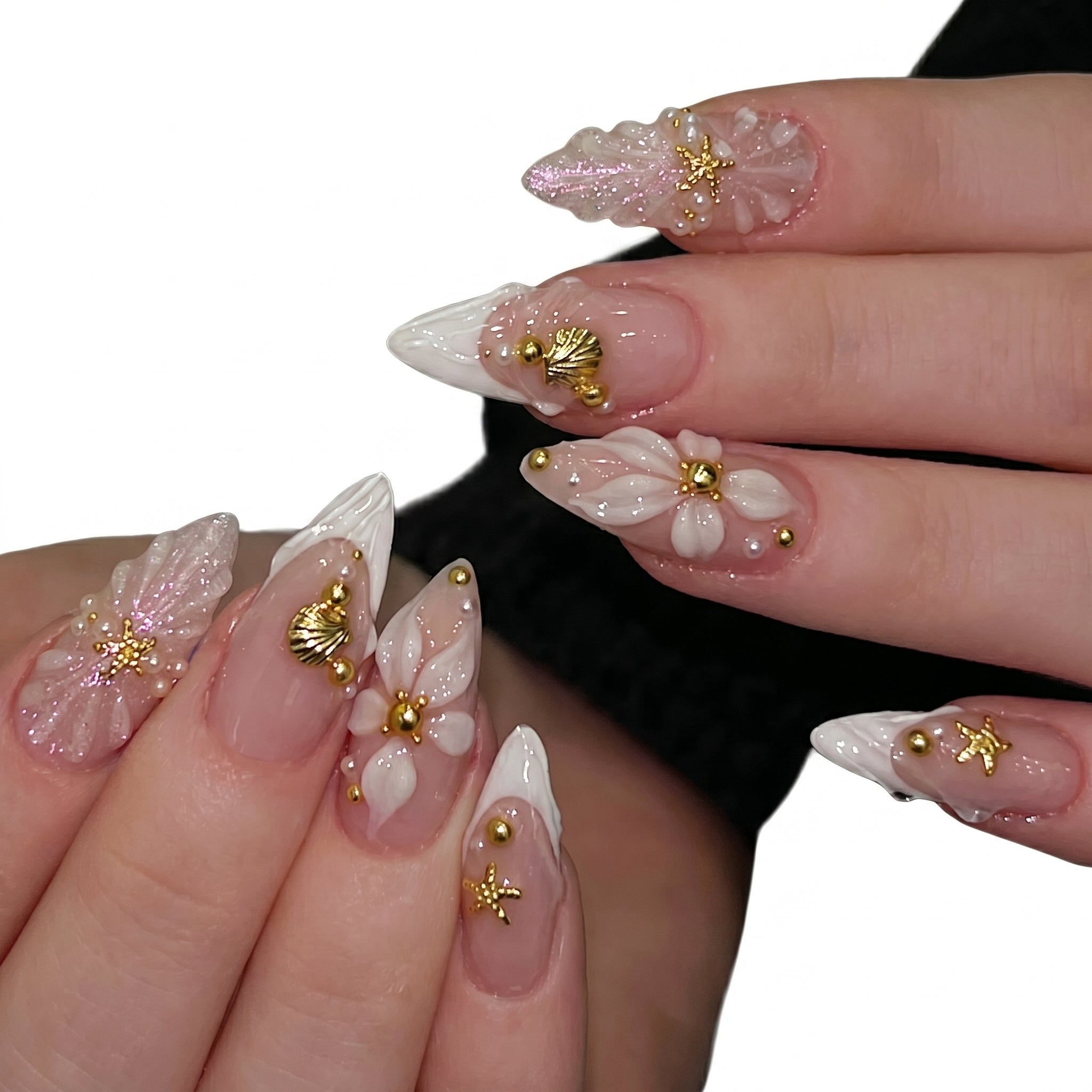 White Butterfly — 3D Flower & Gold Charm Press-On Nails