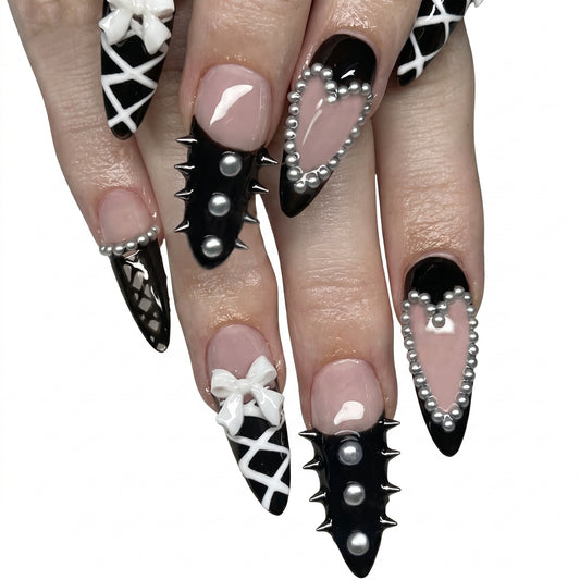 Punk Pearl — Black Spike & Bow Stiletto Press-On Nails