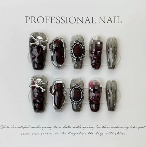 Dark Relic — Handmade Skull & Garnet Chrome Press-On Nails