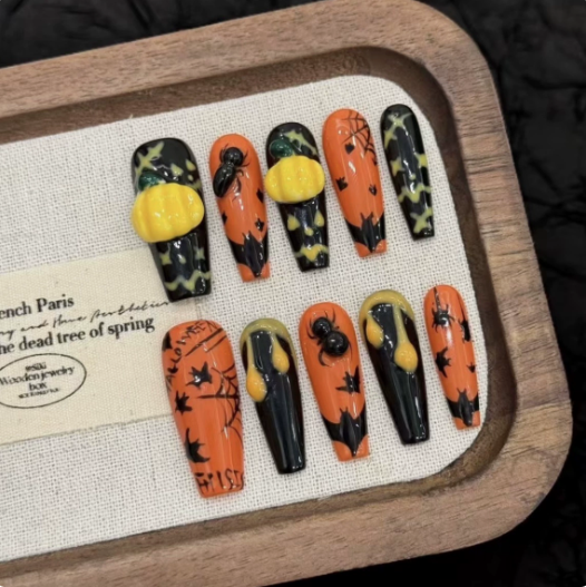 Pumpkin Hex — Handmade Orange & Black Halloween Press-On Nails