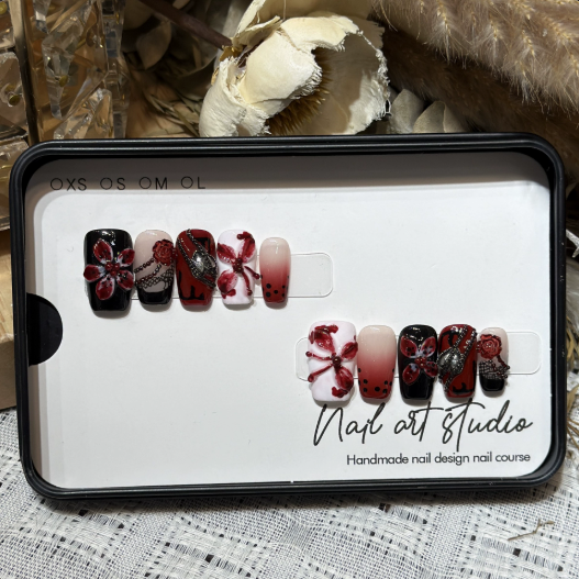 Crimson Bloom — Handmade Red Flower & Lace Press-On Nails