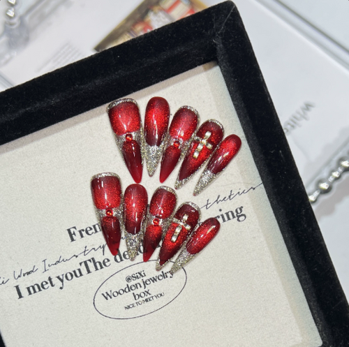 Sacred Ruby — Handmade Red Cat-Eye & Cross Press-On Nails