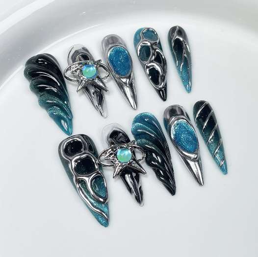Ocean Chrome — Handmade Blue Cat-Eye Chrome Press-On Nails