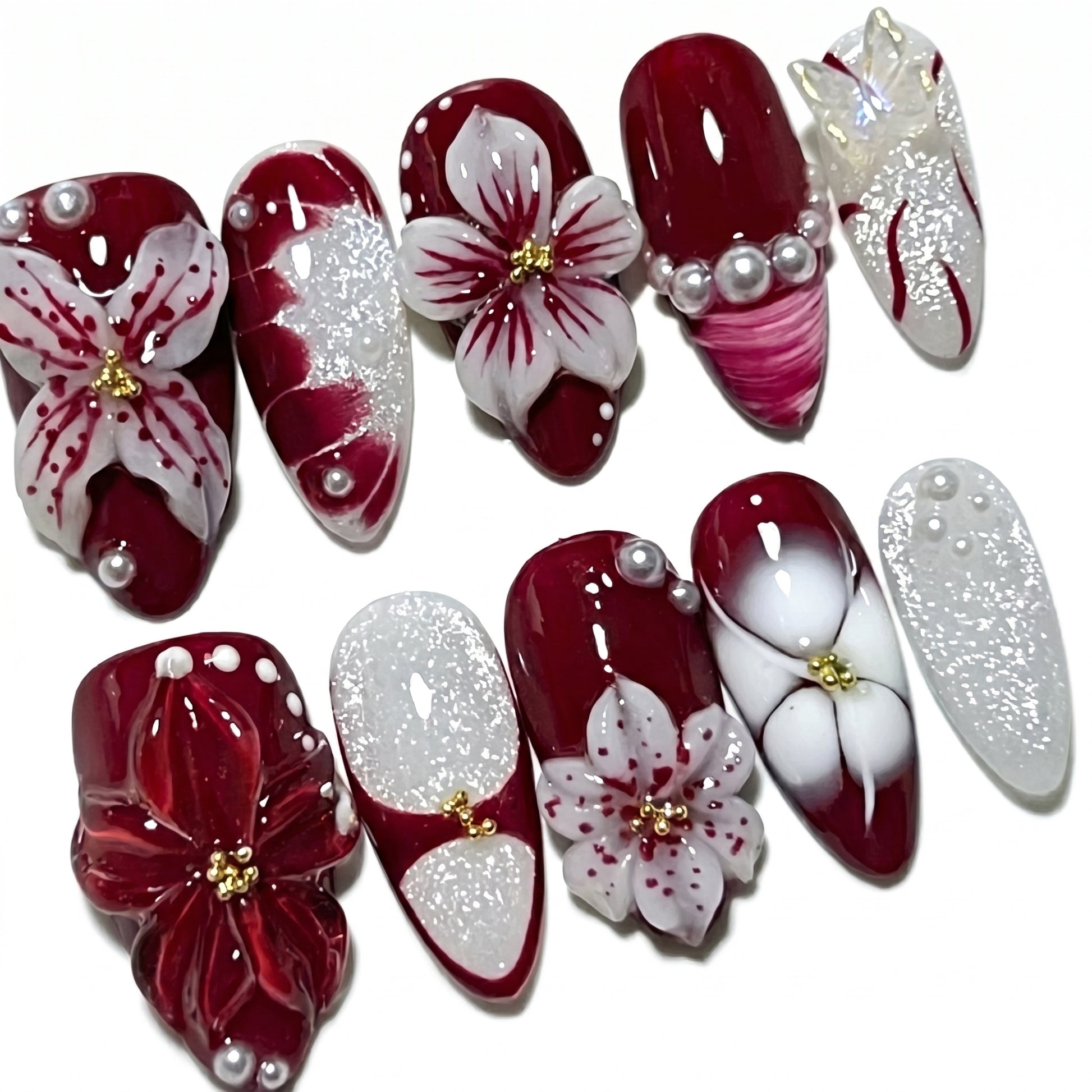 Burgundy Lily press-on nails full set layout