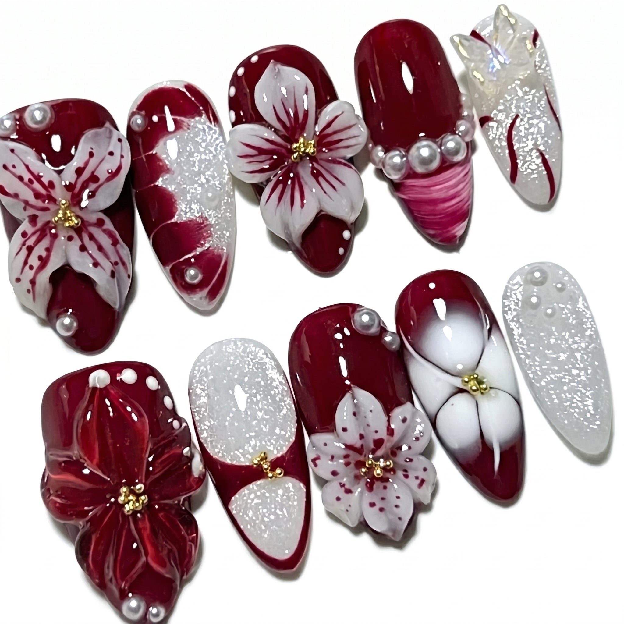 Burgundy Lily press-on nails full set layout