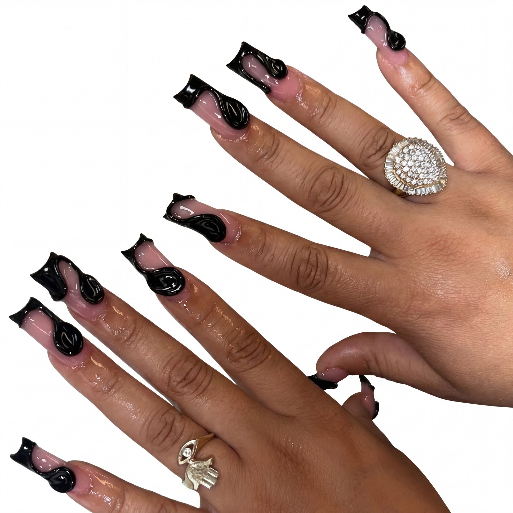 Pink Flame press-on nails on hand