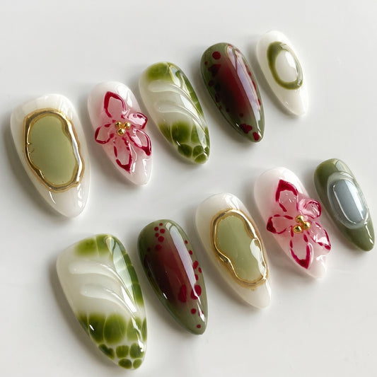 Olive Bloom press-on nails full set layout