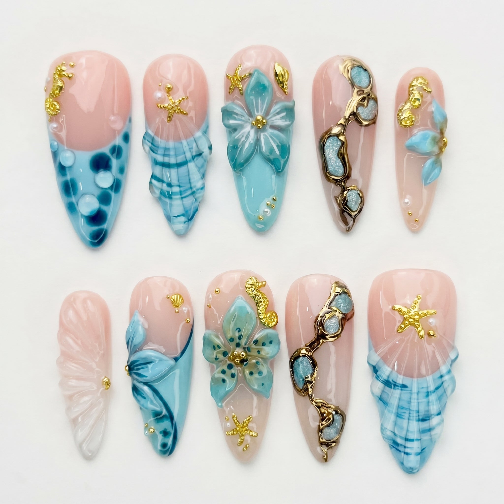 Ocean Treasure press-on nails full set layout