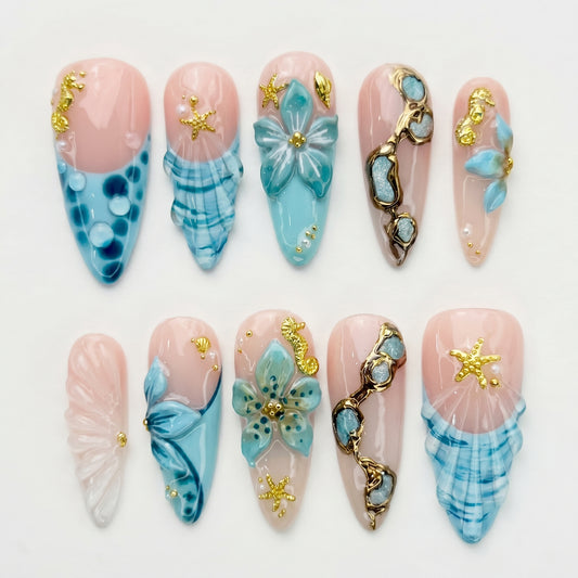 Ocean Treasure press-on nails full set layout