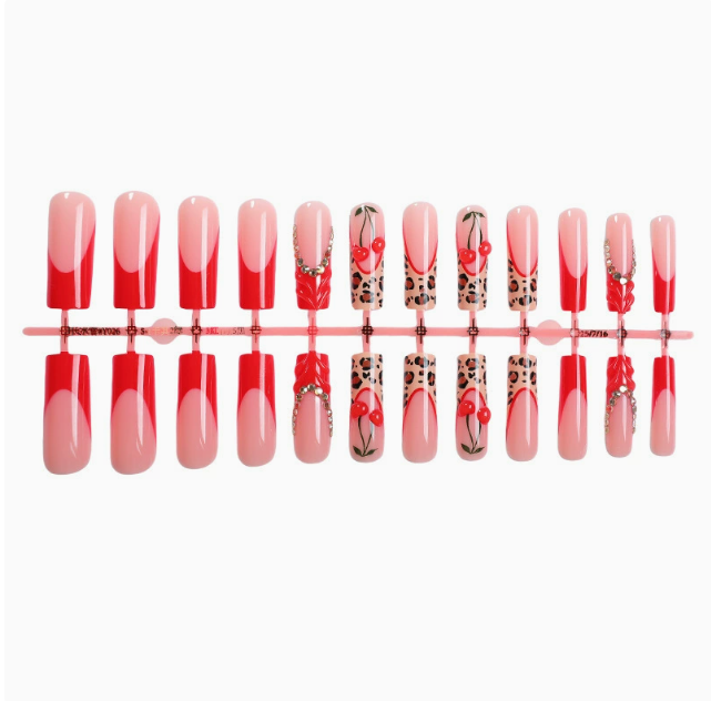Cherry Bow Leopard press-on nails full set layout