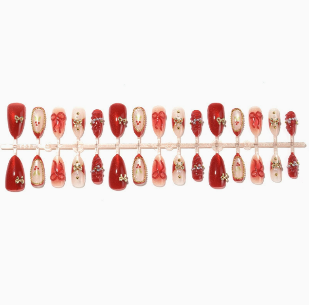 Ruby Ribbon press-on nails full set layout
