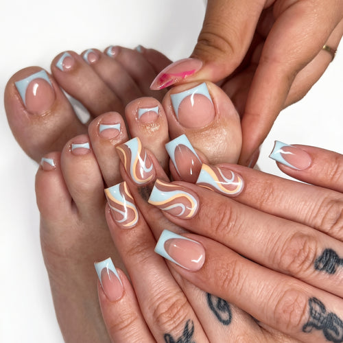 Blue Swirl French Tip Nails