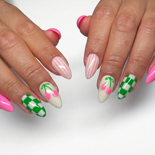 Cherry Checkered Pink Green Nails