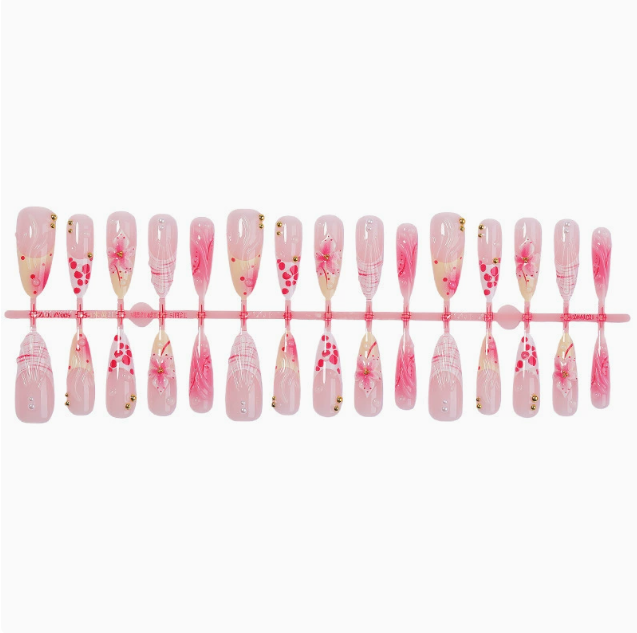 Pink Plaid Petals press-on nails full set layout